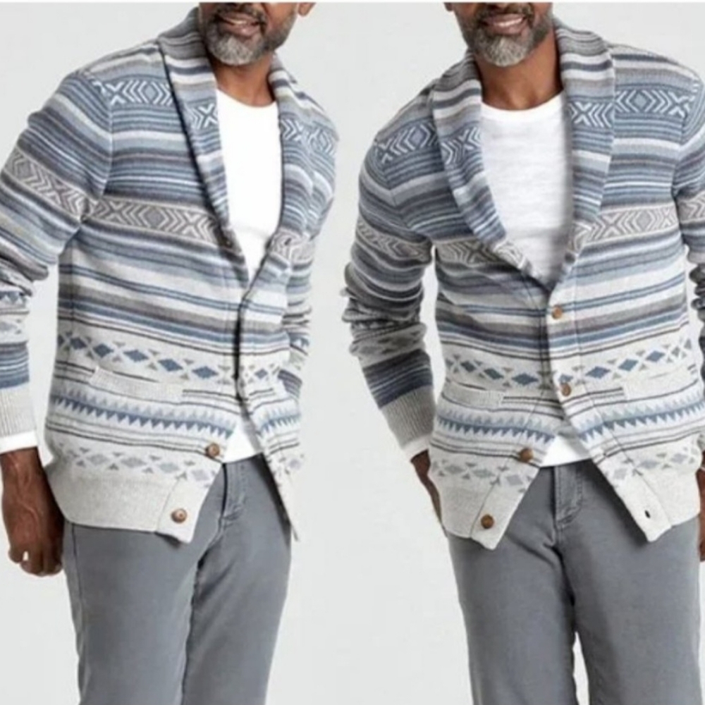 Faherty Brand Mens Shawl Motif Cardigan Sweater Blue Aztec Print Cloud Sky